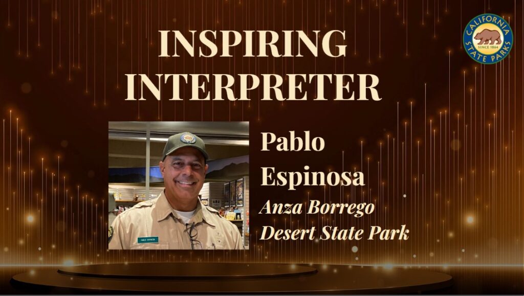 Graphic title card featuring a decorative background evocative of a televised award show stage, the logo for California State Parks, and the text 