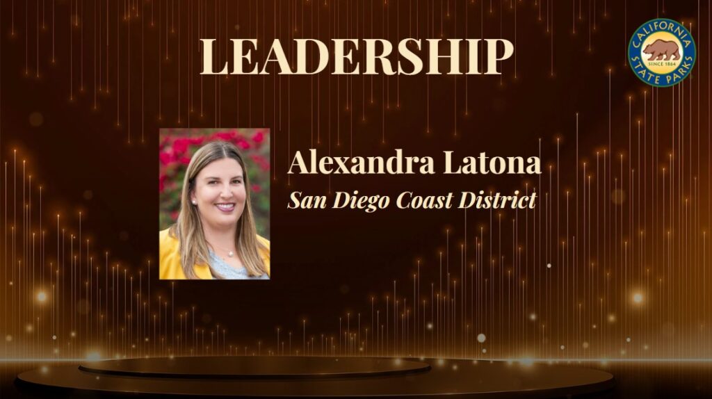 Graphic title card featuring a decorative background evocative of a televised award show stage, the logo for California State Parks, and the text 