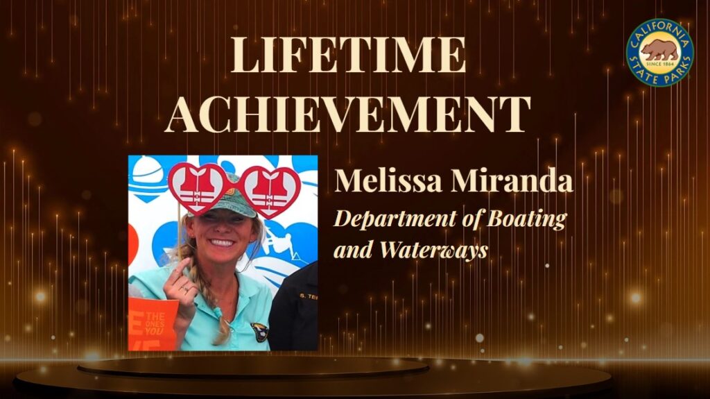 Graphic title card featuring a decorative background evocative of a televised award show stage, the logo for California State Parks, and the text 