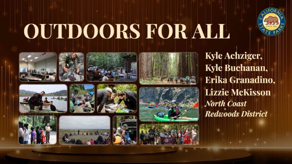 Graphic title card featuring a decorative background evocative of a televised award show stage, the logo for California State Parks, and the text 