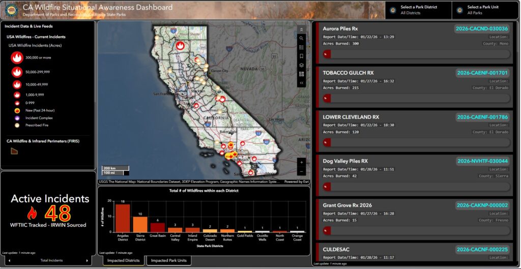 Screenshot of a map interface depicting GIS data related to wildfires in California