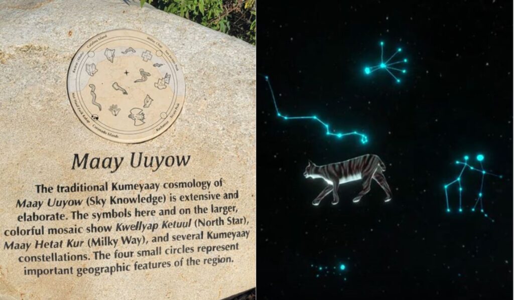 Collage of two images related to Kumeyaay Cosmology: at left is a photograph of an inscribed bolder with text and images related to Kumeyaay constellations; on the right is a screenshot from the Virtual Adventurer app showing animations of various Kumeyaay constellations.