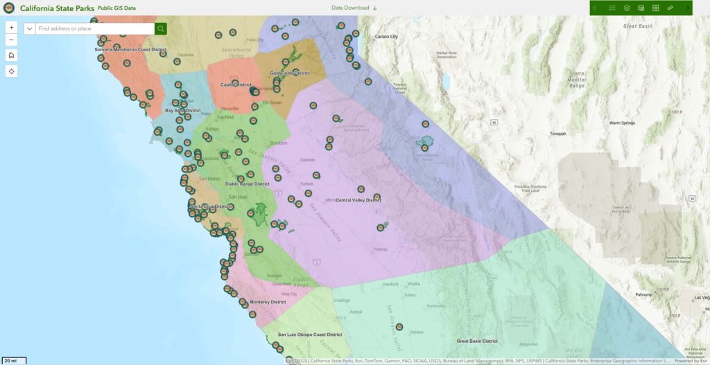 Screenshot of a GIS mapping interface showing data related to California State Parks.