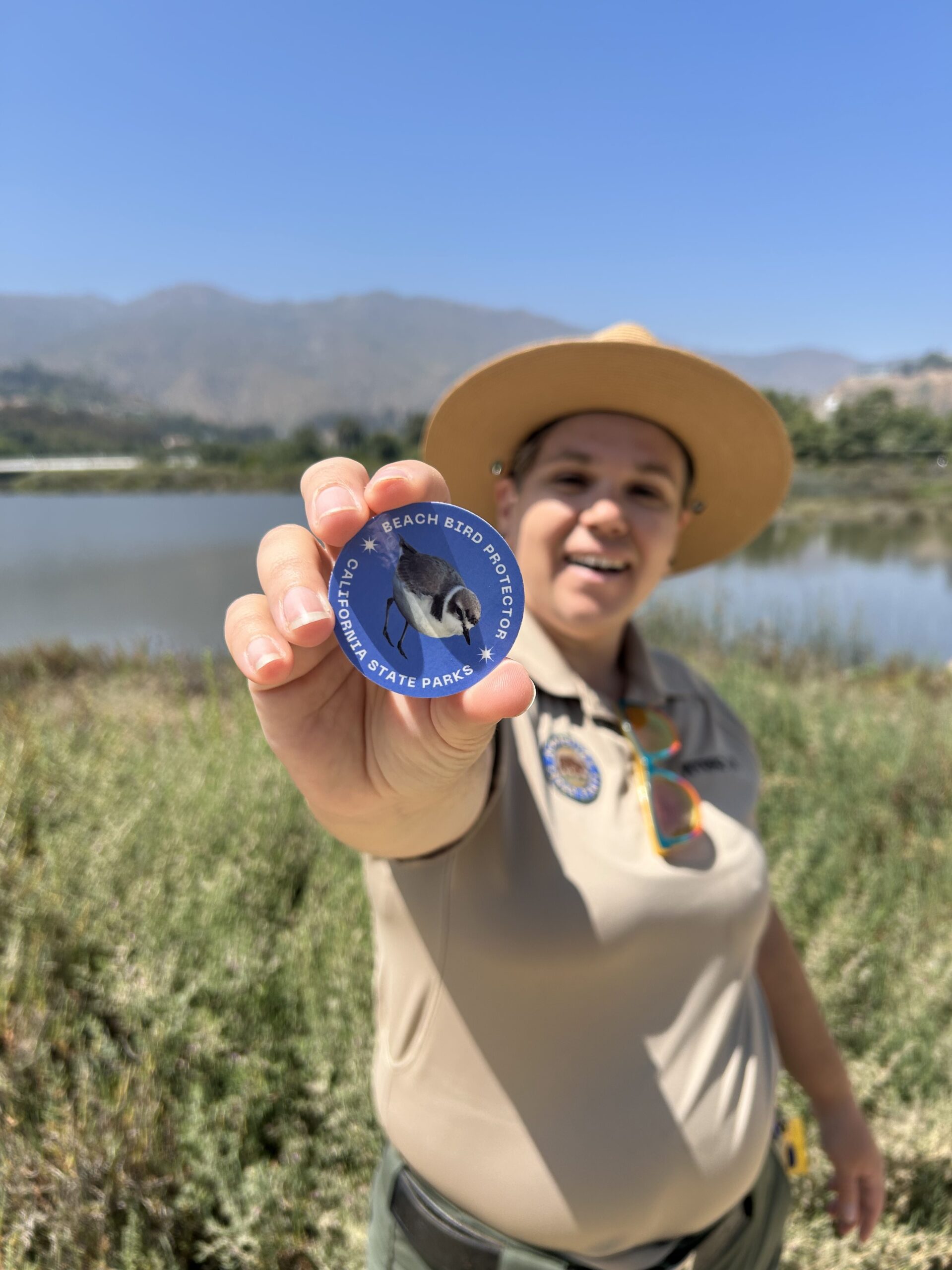 Photograph of a uniformed State Park interpreter holding out a sticker towards the camera featuring an illustration of a snowy plover; Malibu lagoon ant the Santa Monica Mountains are visible in the background.